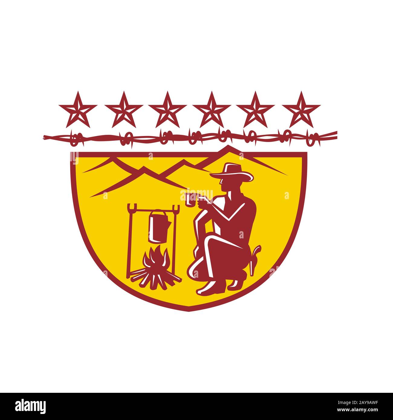 Cowboy Drinking Coffee Campfire Shield Mascot Stock Photo Alamy