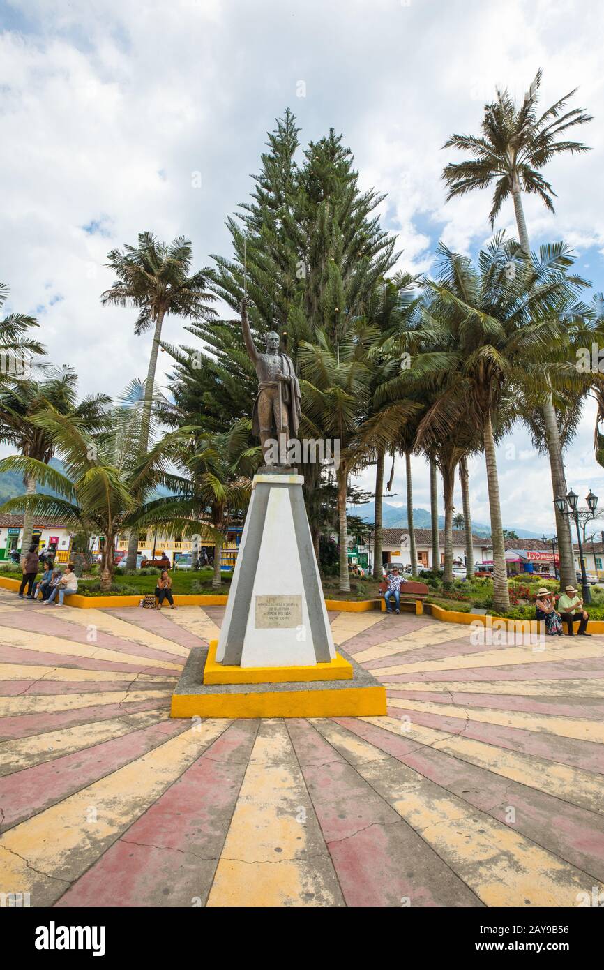 statue of Simon Bolivar in the homonymous village square Salento Colombia Stock Photo