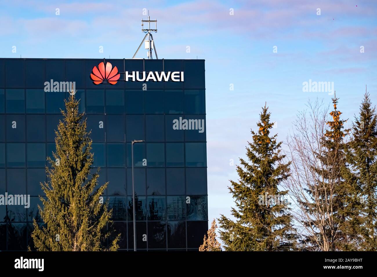 OTTAWA, ONTARIO, CANADA - FEBRUARY 12, 2020: An office building occupied in part by Huawei is seen with the Huawei logo on its facade. Stock Photo