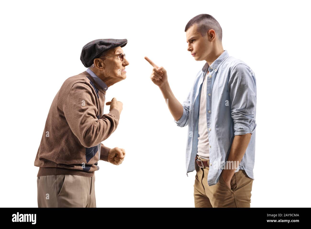 Young guy threatening to a senior man isolated on white background Stock Photo