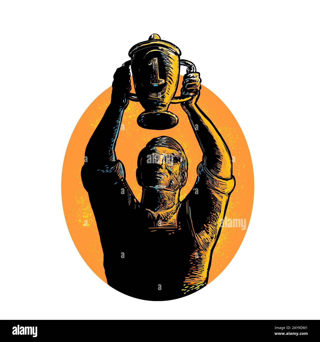 Worker Raising up Championship Trophy Woodcut Stock Photo - Alamy