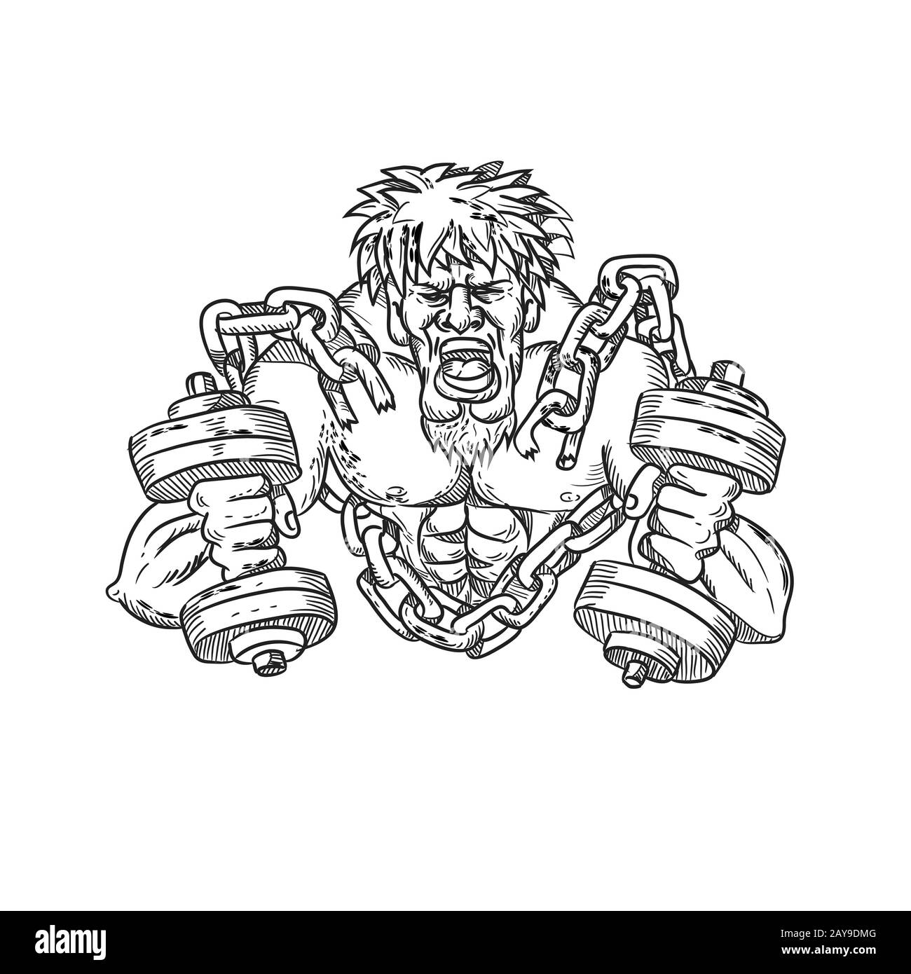 Buffed Athlete Dumbbells Breaking Free From Chains Drawing Stock Photo -  Alamy