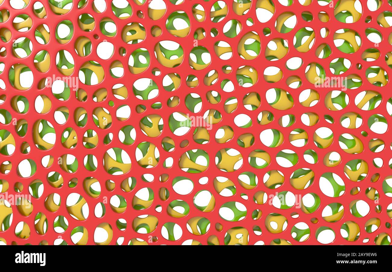 Red, green and yellow layers. Abstract organic background. 3D Stock Photo