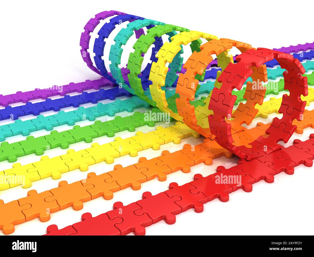 Colorful puzzle ring rotating over puzzle chain Stock Photo - Alamy