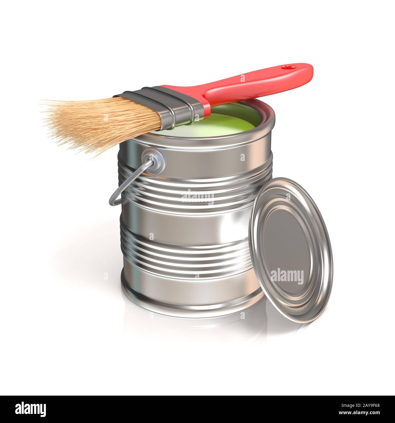 Metal tin can with green paint and paintbrush. Side view. 3D Stock Photo