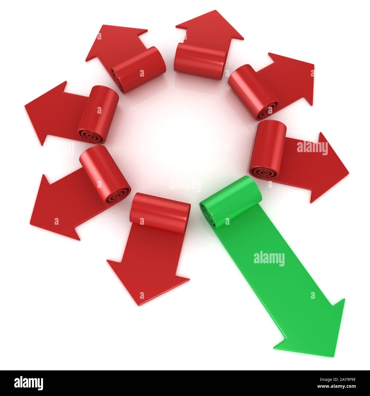 Red spiral arrows directed of the center, with one green arrows faster than others Stock Photo Red spiral arrows directed of the center, with one green arrows faster than others Stock Photo
