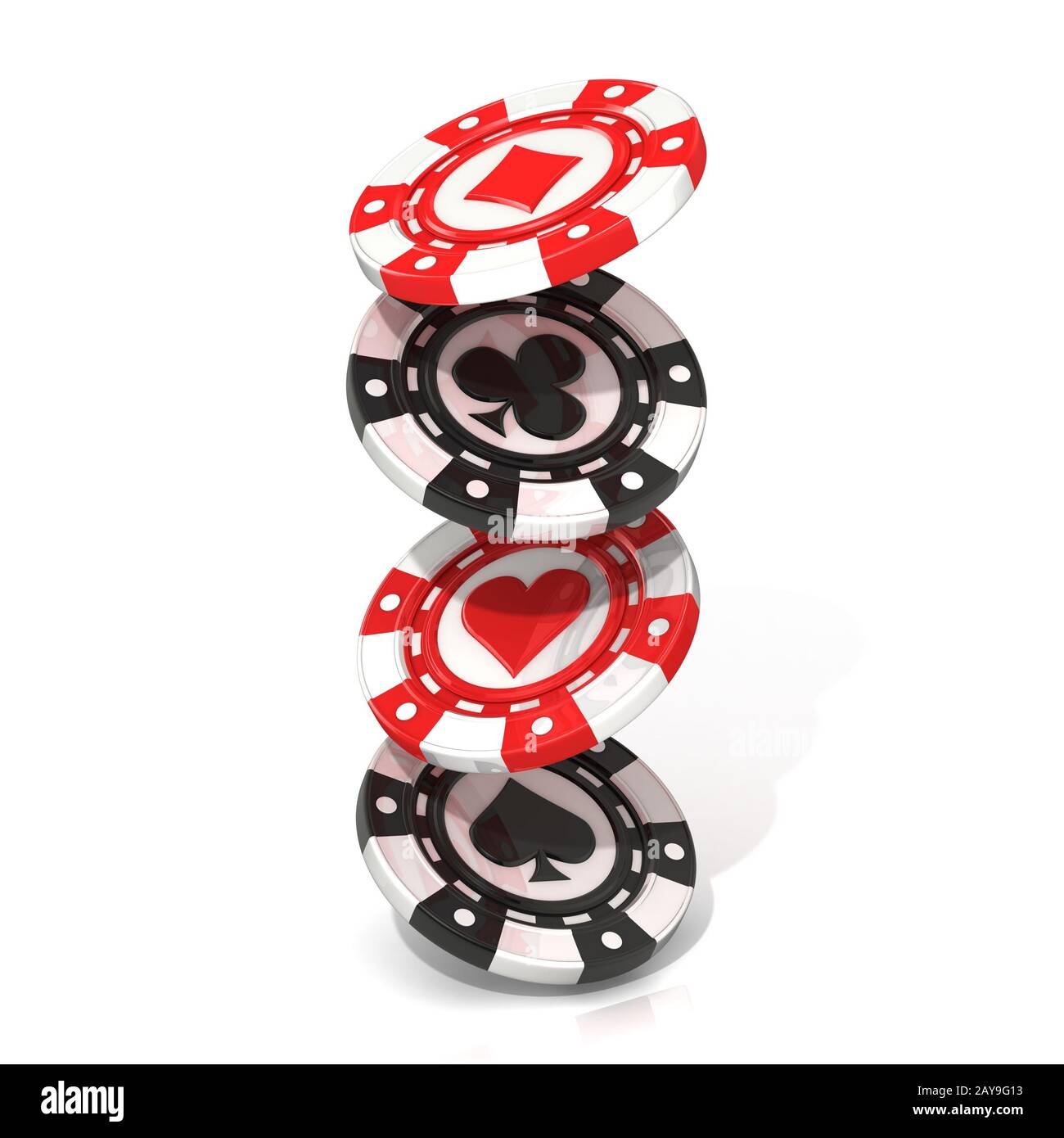 Set of falling gambling poker chips, with spade, heart diamond and club on it. 3D Stock Photo
