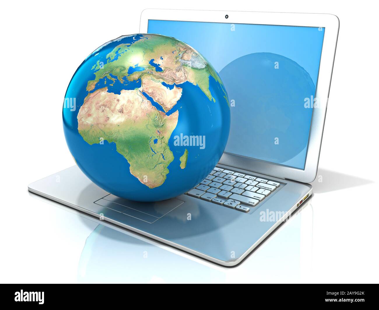 Laptop with illustration of earth globe, Europe and Africa view