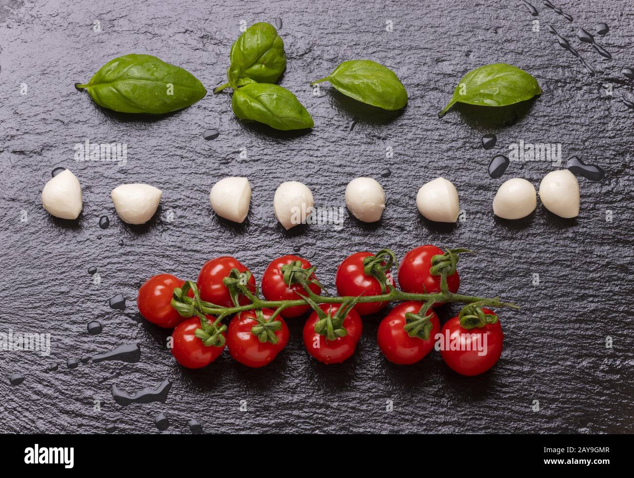 Mozzarella with tomatoes and basil Stock Photo