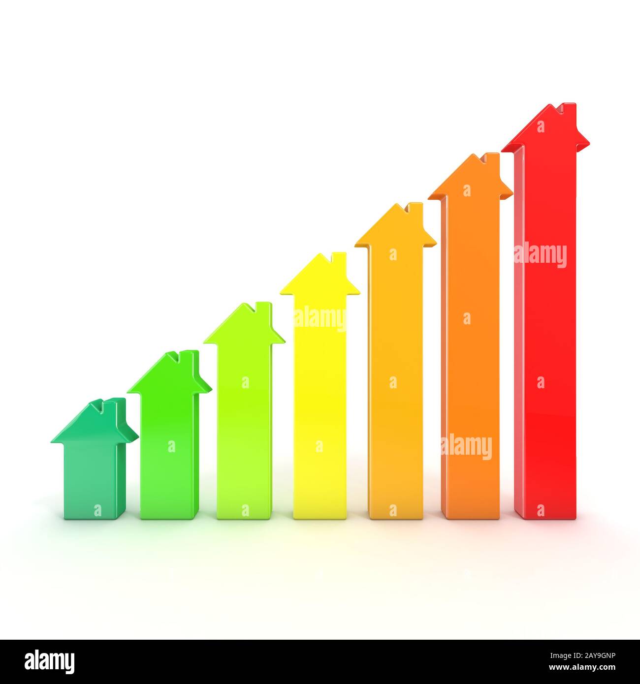 Energy efficiency graph bars represented as houses. 3D Stock Photo