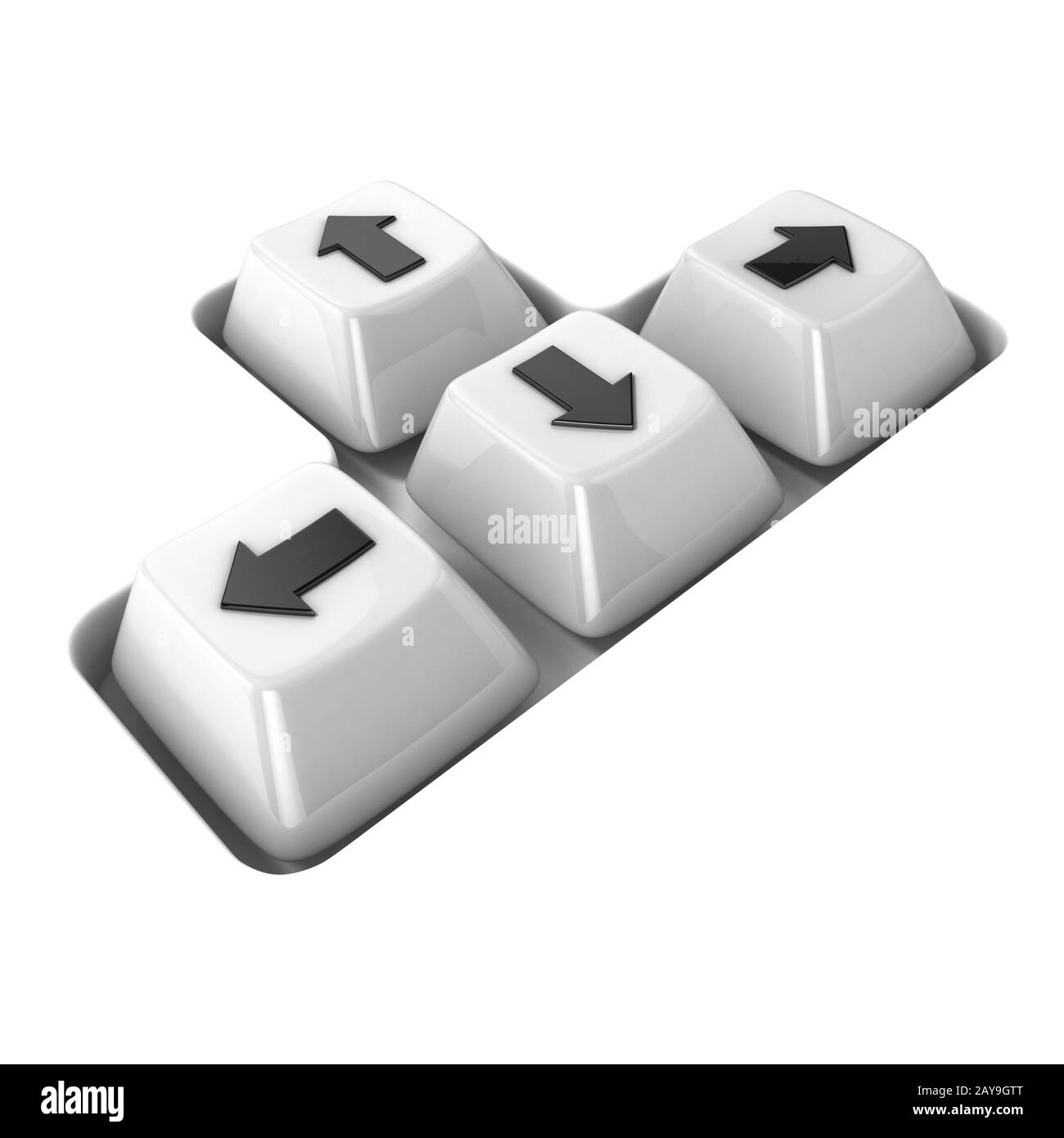 The four white keyboard arrows keys on a white background. Side view. 3D Stock Photo