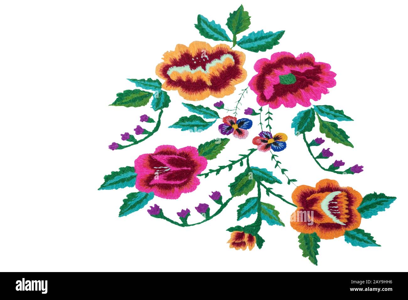 Craft beautiful embroidered flowers on a white background Stock Photo