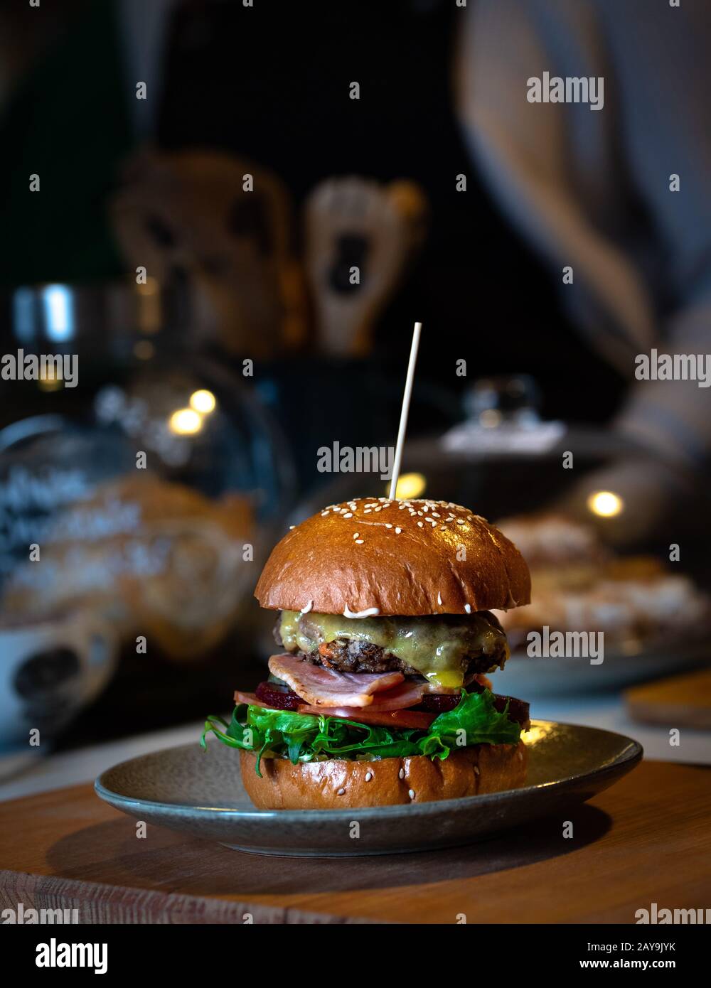 beef patty burger with the lot Stock Photo Alamy