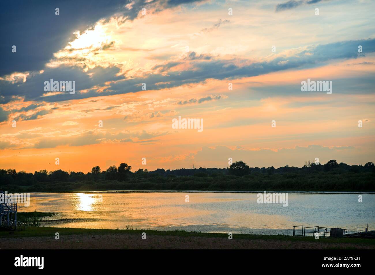 Evening landscape: sunset over a small river Stock Photo