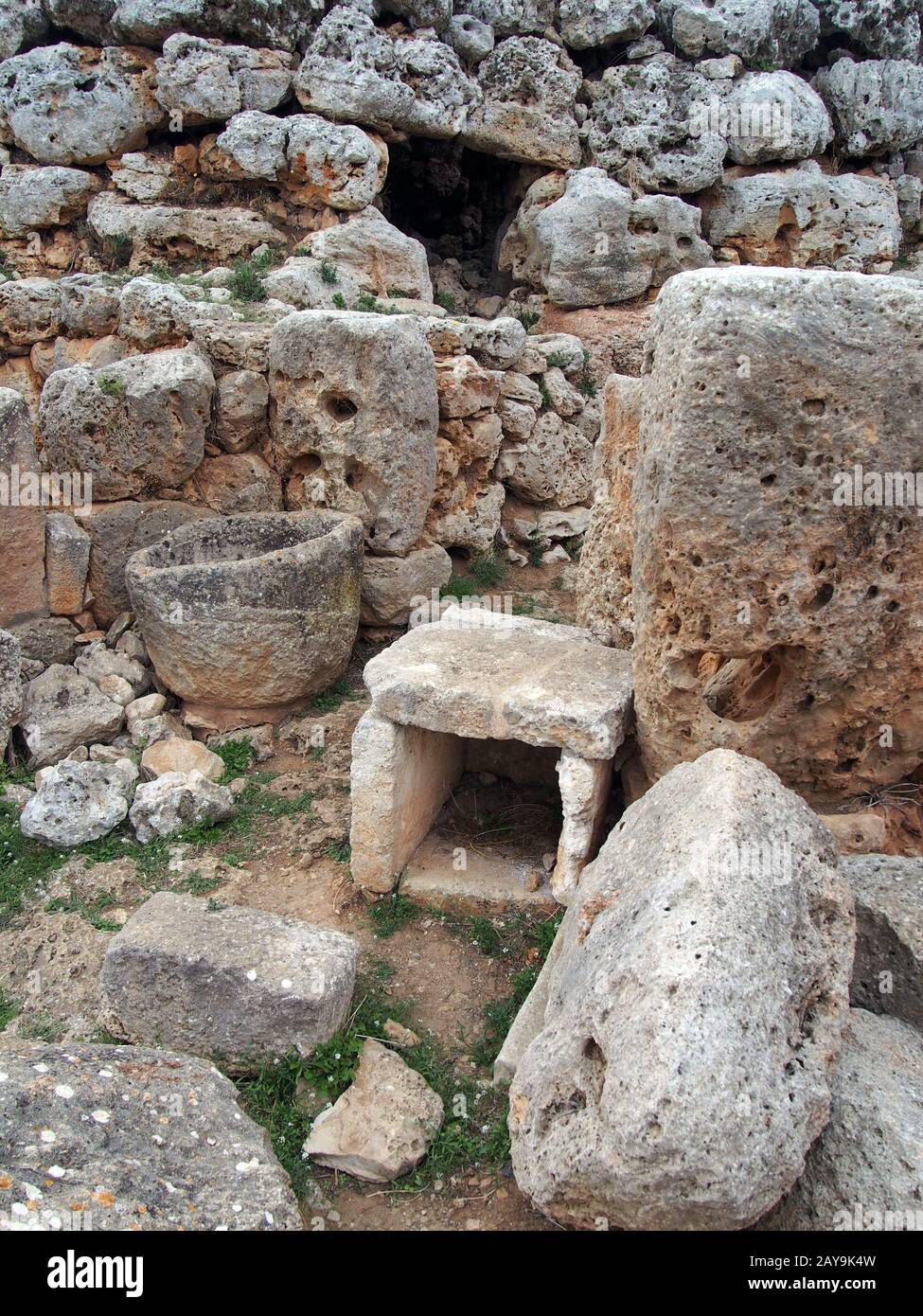 close up of stone artifacts and walls in the talaiotic ruins of trepuco menorca Stock Photo