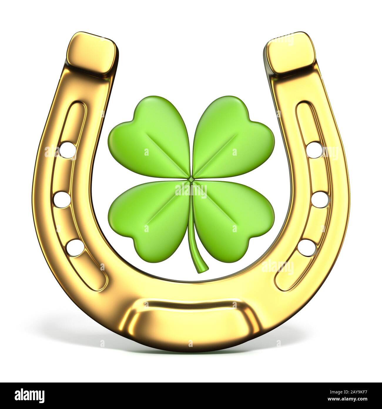 Lucky symbols horseshoe and fourleaf clover Front view 3D Stock Photo