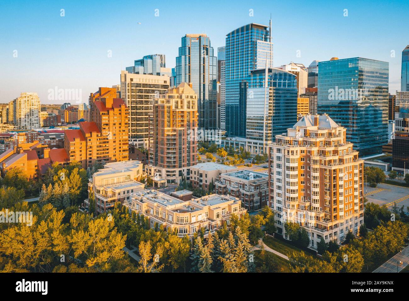 East Downtown Calgary Summer Sunset Aerial Stock Photo