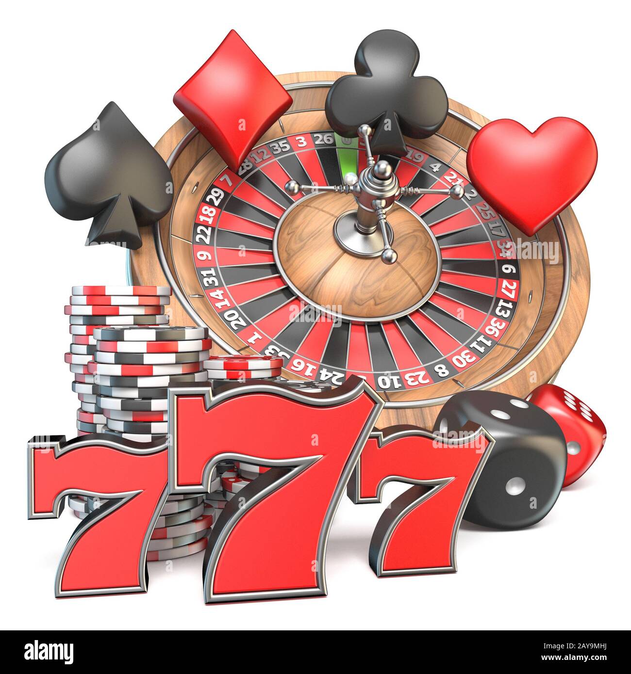 Roulette, dice, 777, playing card signs and gambling chips 3D Stock
