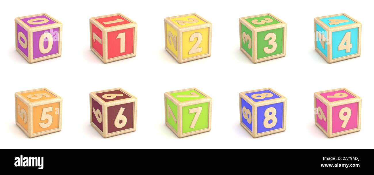 Number collection wooden alphabet blocks font 3D Stock Photo