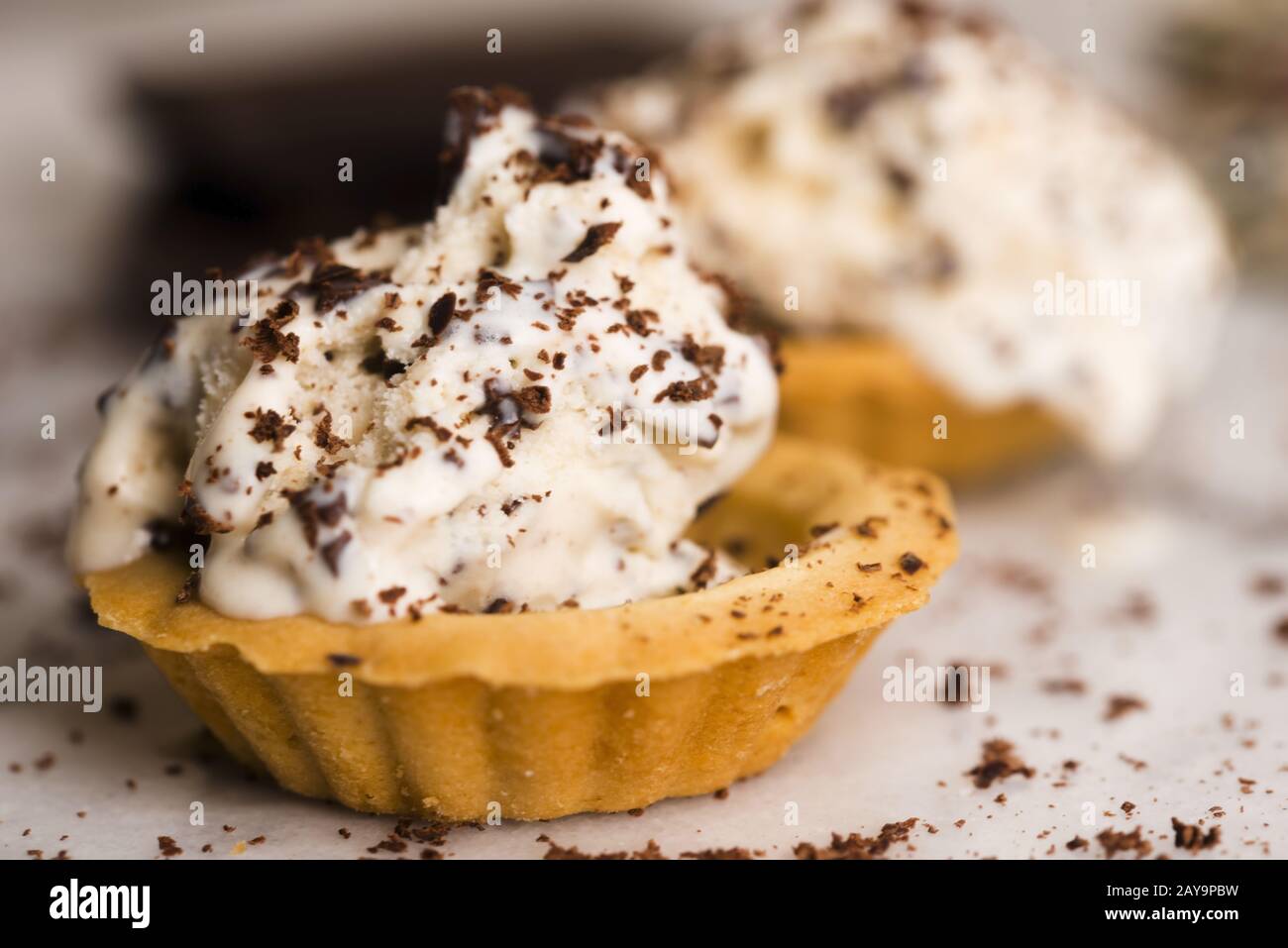 Vanilla ice cream with chocolate chips - straciatella. Fresh, sorbet Stock Photo