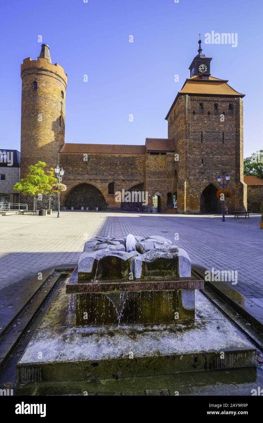 Fountain in front of  Hungerturm and Steintor Gate Bernau, Brandenburg, Germany Stock Photo