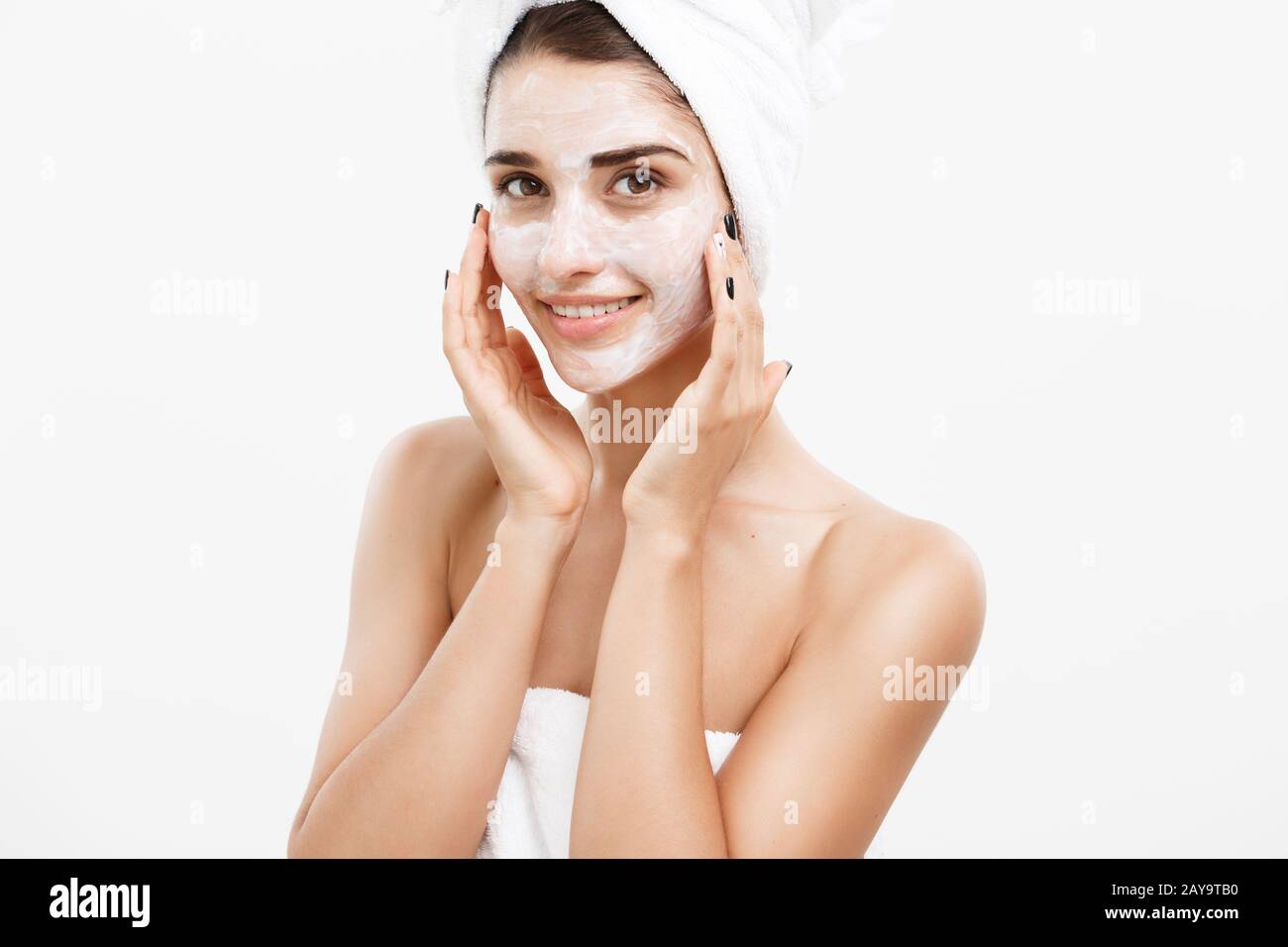 Beauty Skin Care Concept Beautiful Caucasian Woman Face Portrait Applying Cream Mask On Her