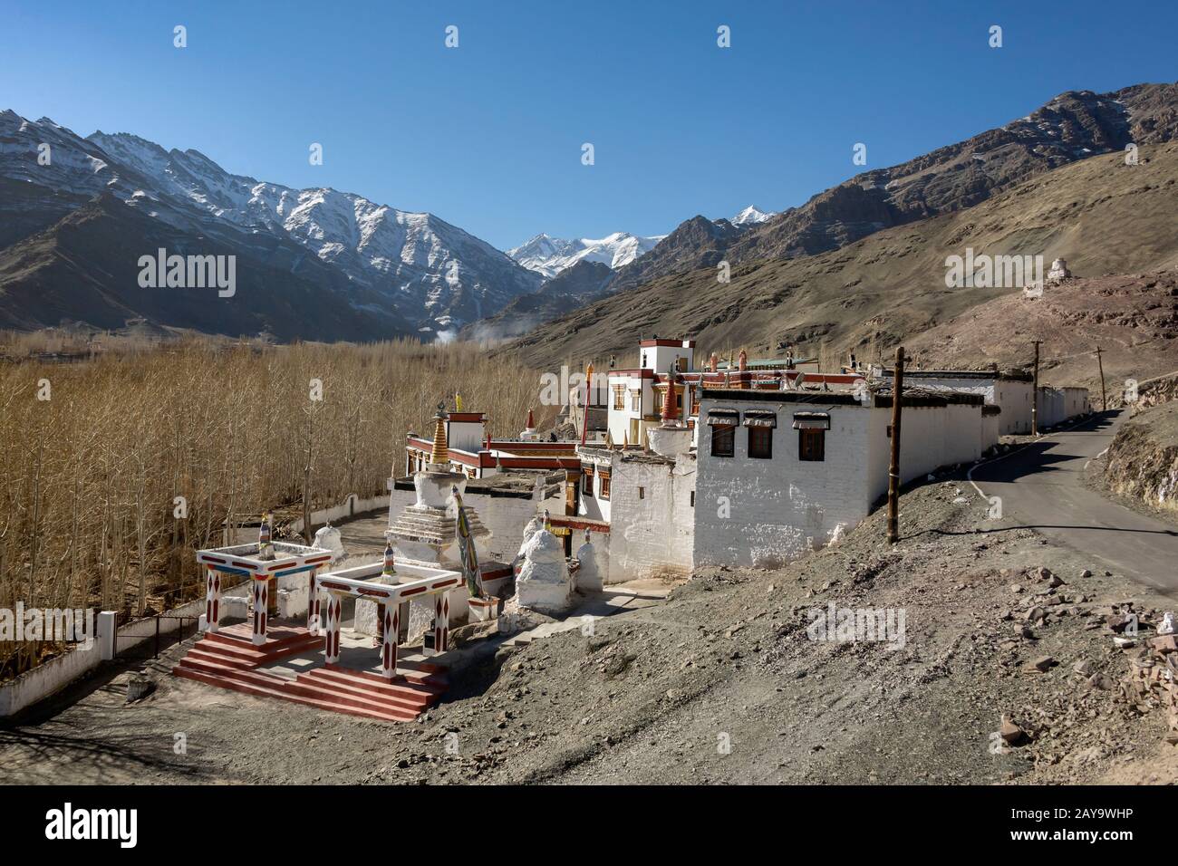 Stok Gompa with Ladakh Range, Stok, Ladakh, India Stock Photo