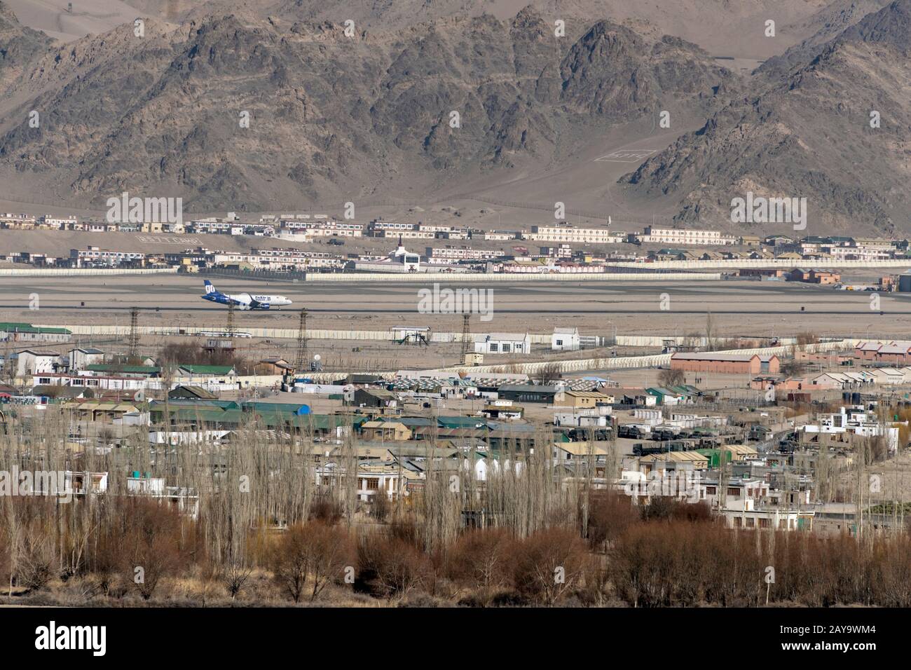 Go air flight landing at Leh airport, Ladakh, India Stock Photo