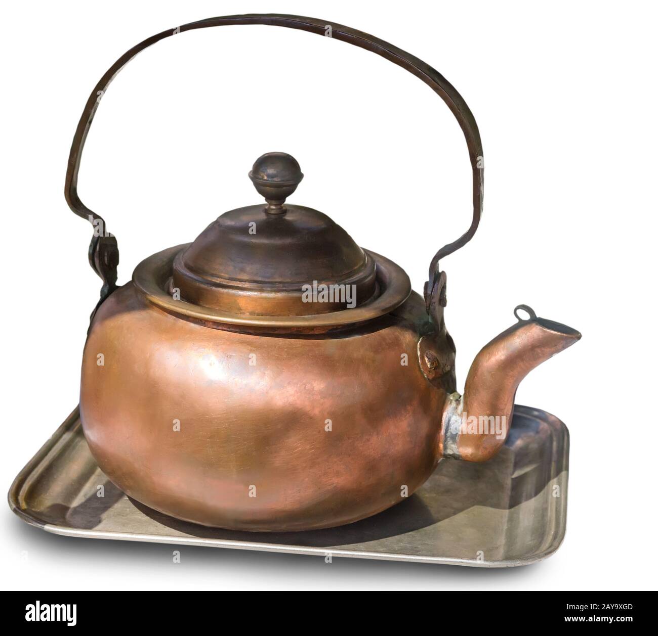 Vintage copper teapot and tray on white background Stock Photo Alamy