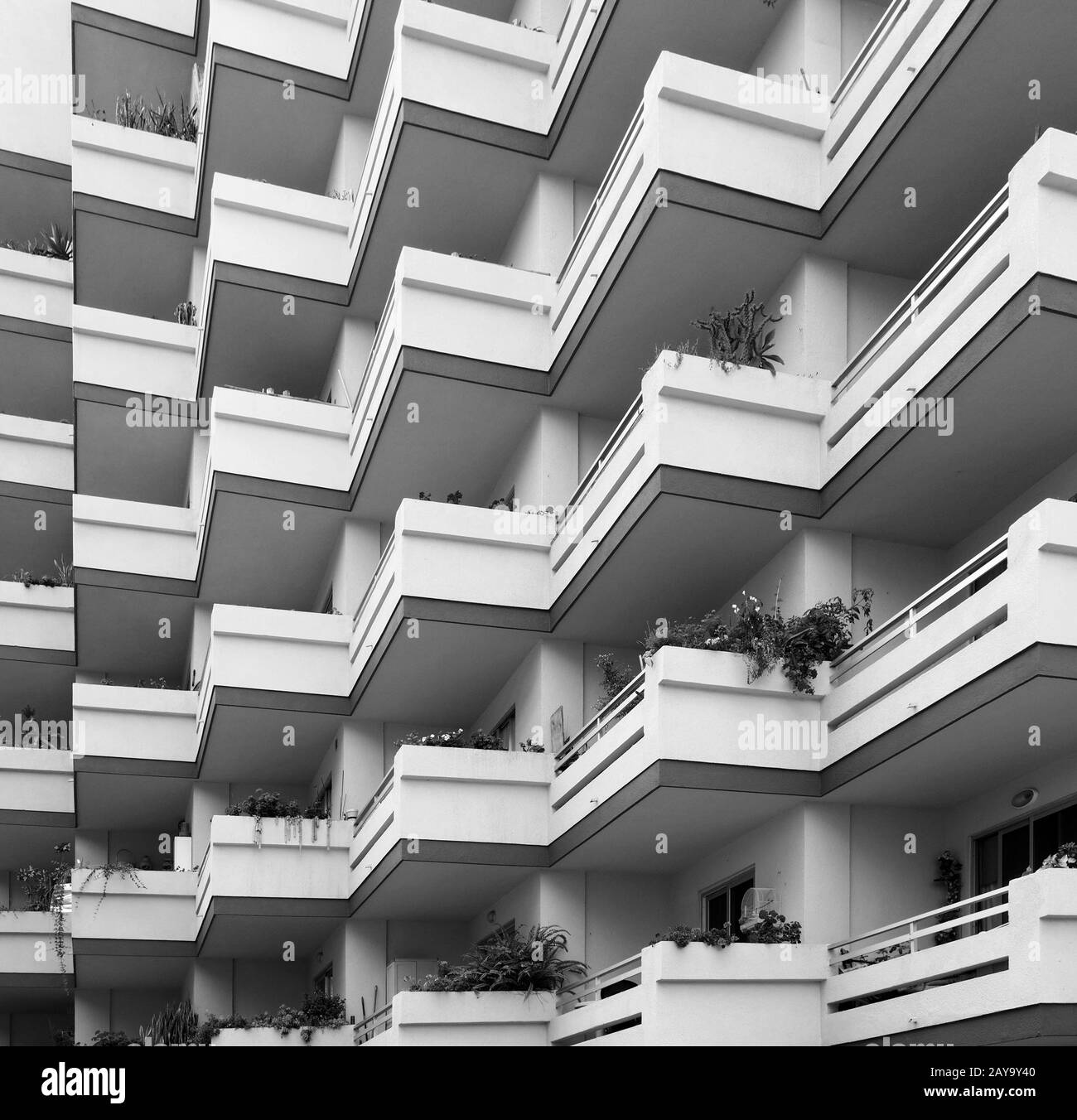 monochrome image of repeating balconies on large modern concrete apartment building with house plant Stock Photo