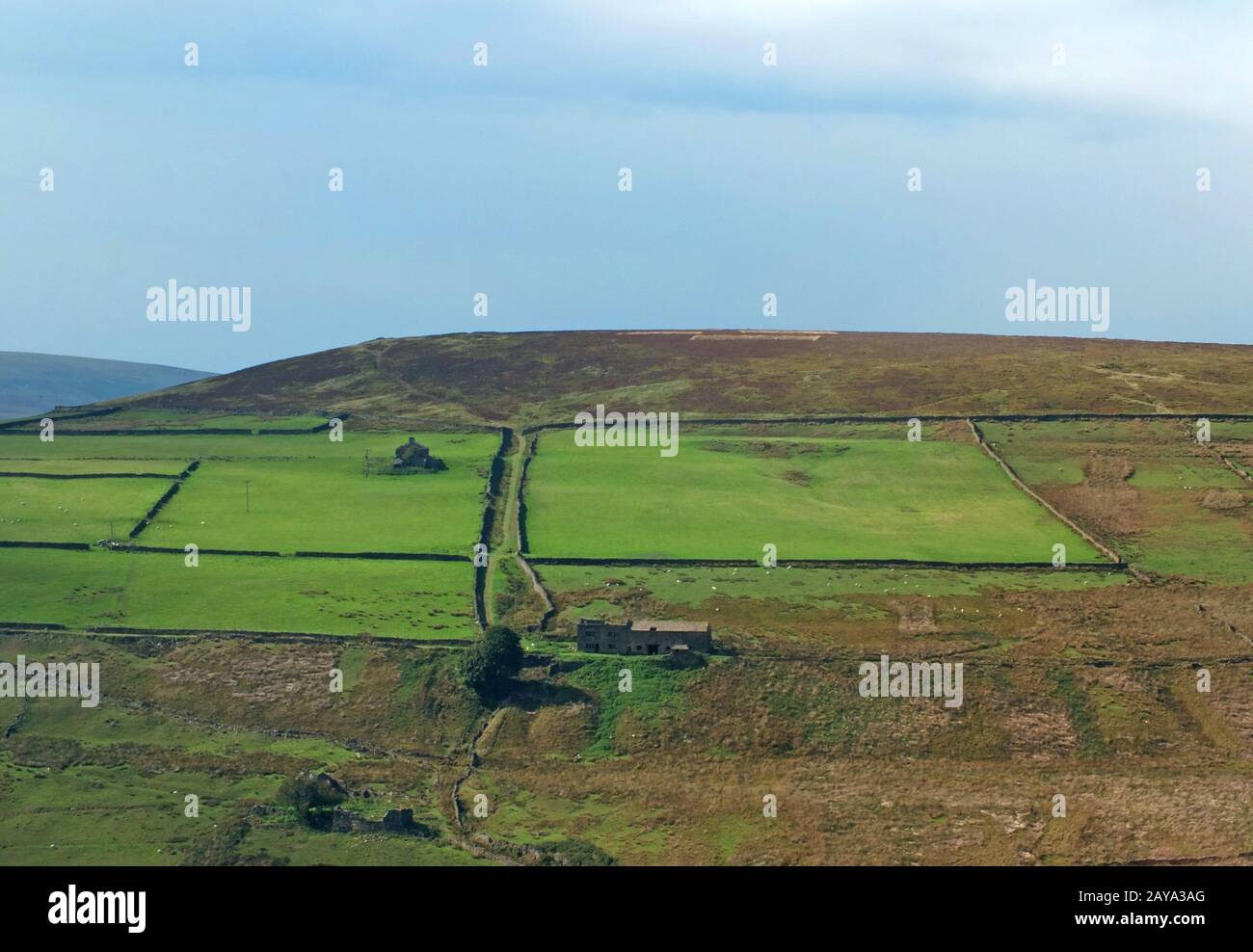 A panoramic sunlit pennine landscape with small valleys between rolling hills in the Yorkshire dales Stock Photo
