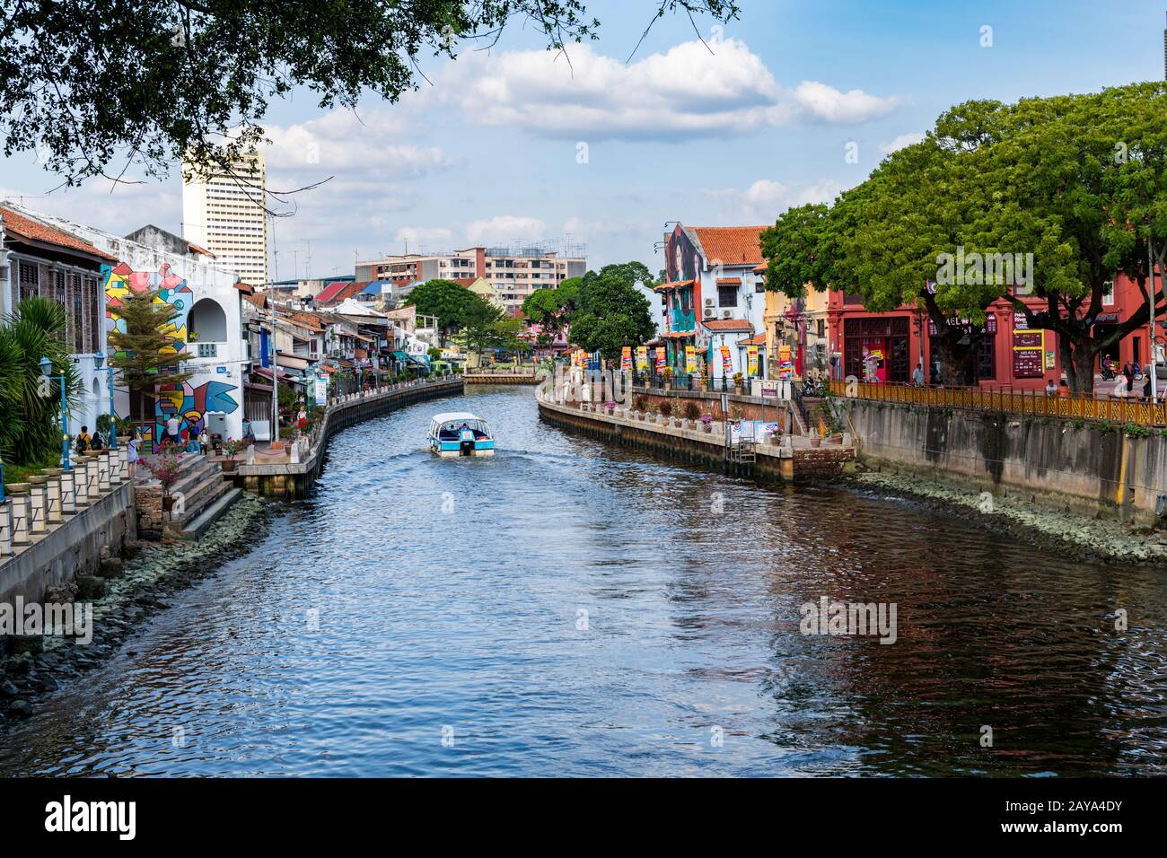 Brightly painted houses by the Melaka River in Melacca, Malaysia. Stock Photo