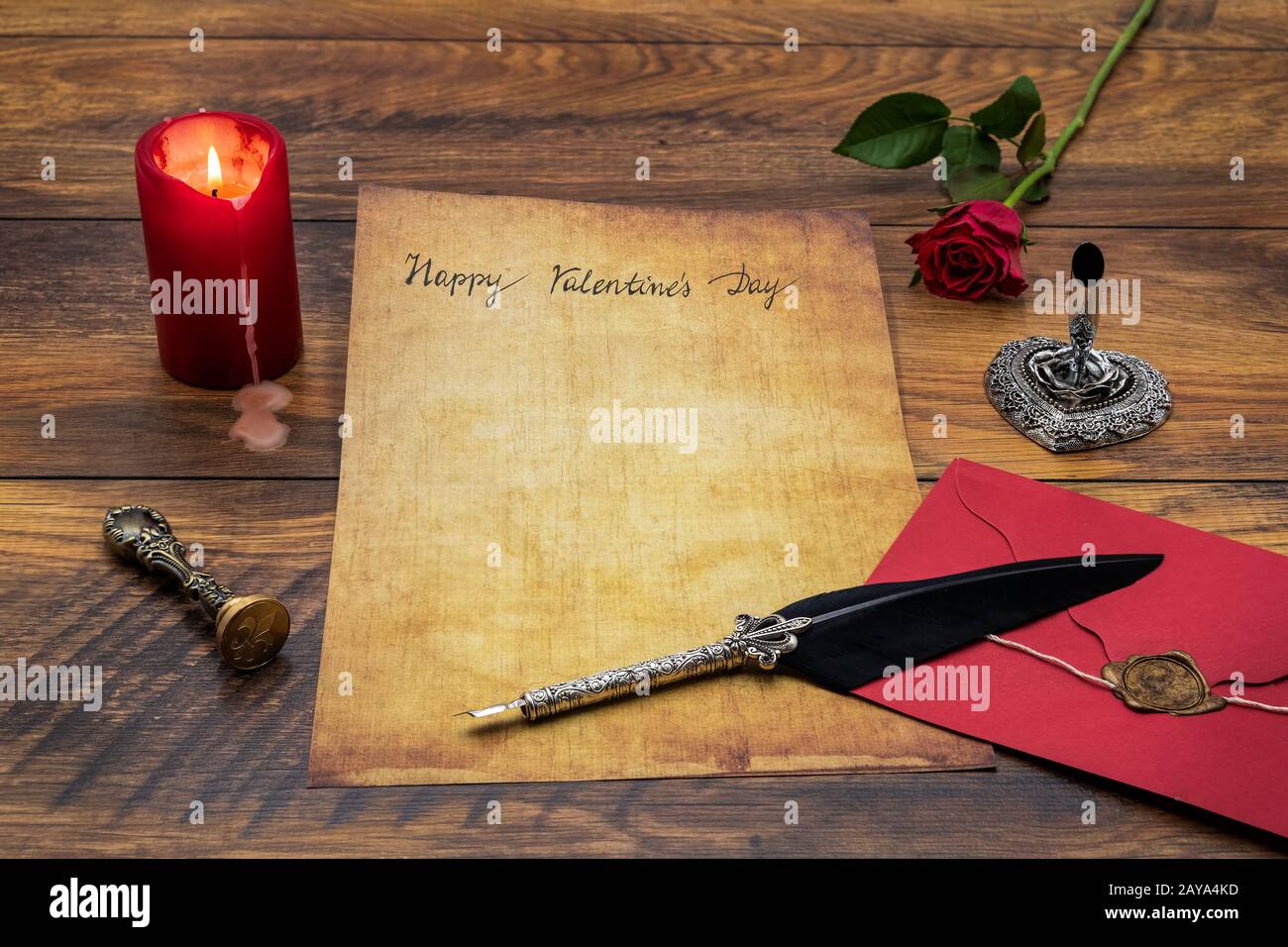 Happy Valentines Day card with red rose and envelope, candle and quill ...