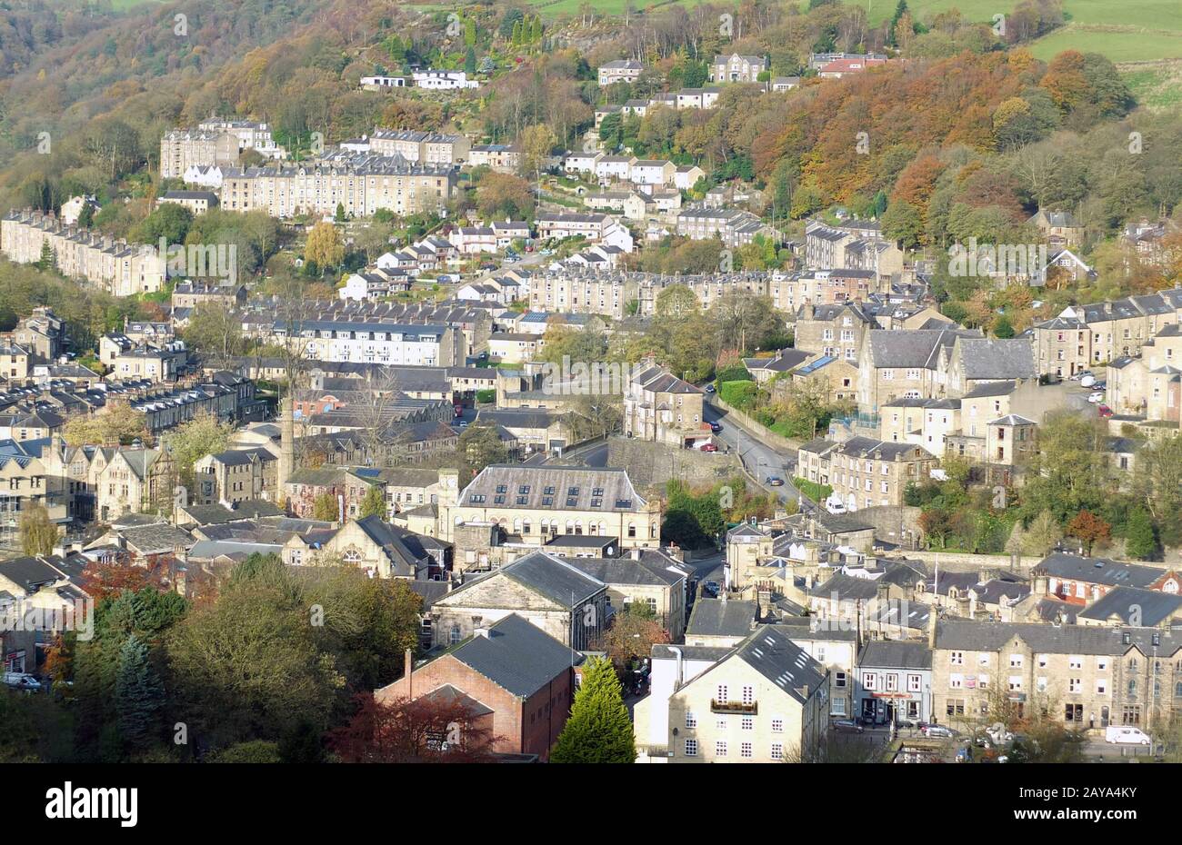 panoramic aerial view of the town of hebden bridge in west yorkshire showing the streets houses Stock Photo