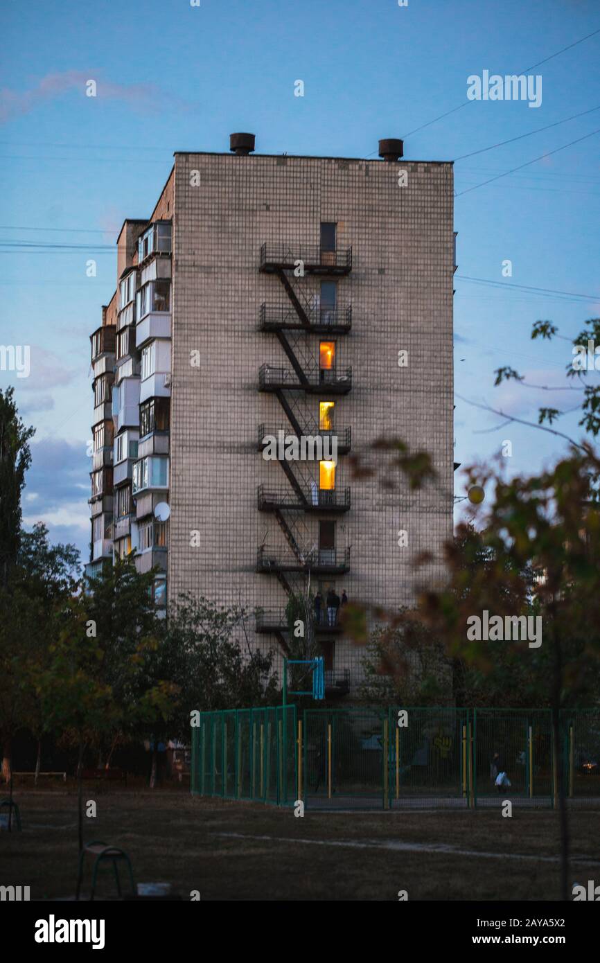 October 4, 2018. Ghetto architecture the collapse of the Soviet Union. Echo of the USSR. Country high-rise houses in the evening Stock Photo