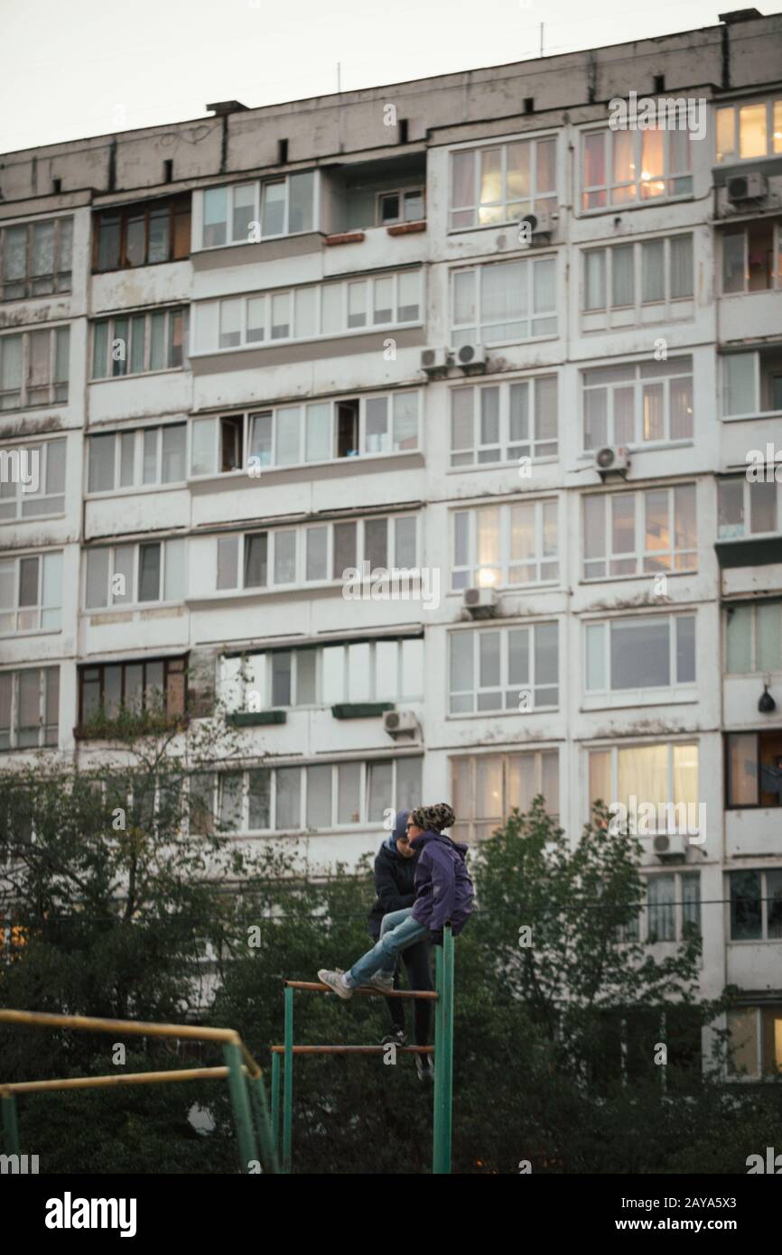 October 4, 2018. Ghetto architecture the collapse of the Soviet Union. Echo of the USSR. Country high-rise houses in the evening Stock Photo