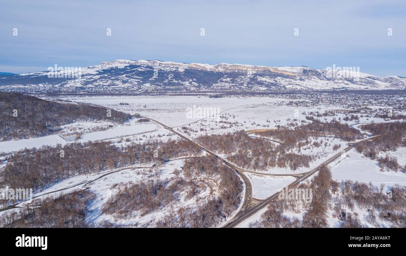 Beautiful Morning Winter Mountain Sunny Landscape. Location place Psebai, Russia. Stock Photo