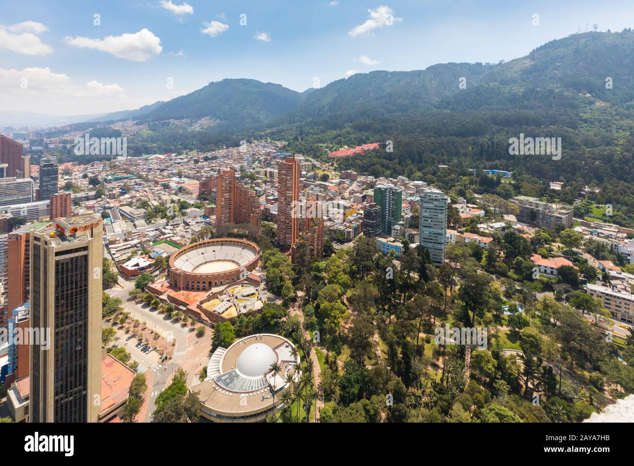 Bogota aerial view of indipendence park, bulls square arena and planetarium building Stock Photo