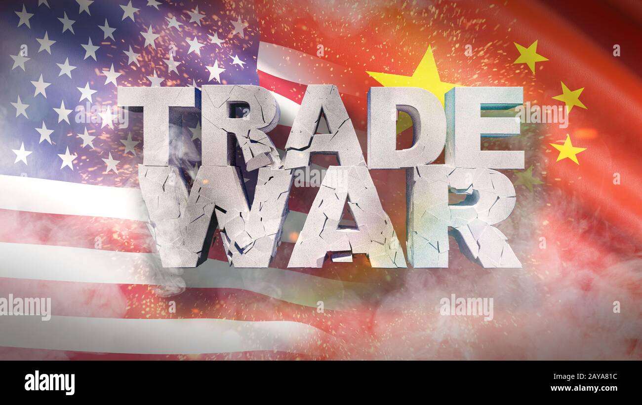 USA and China relationship concept. Cracked text Trade war on flag. 3D illustration. Stock Photo