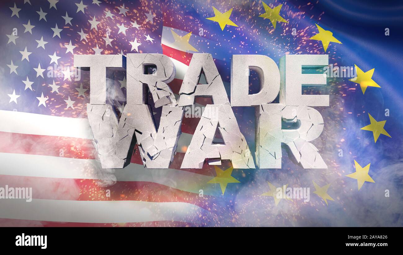 USA and EU relationship concept. Cracked text Trade war on flag. 3D ...