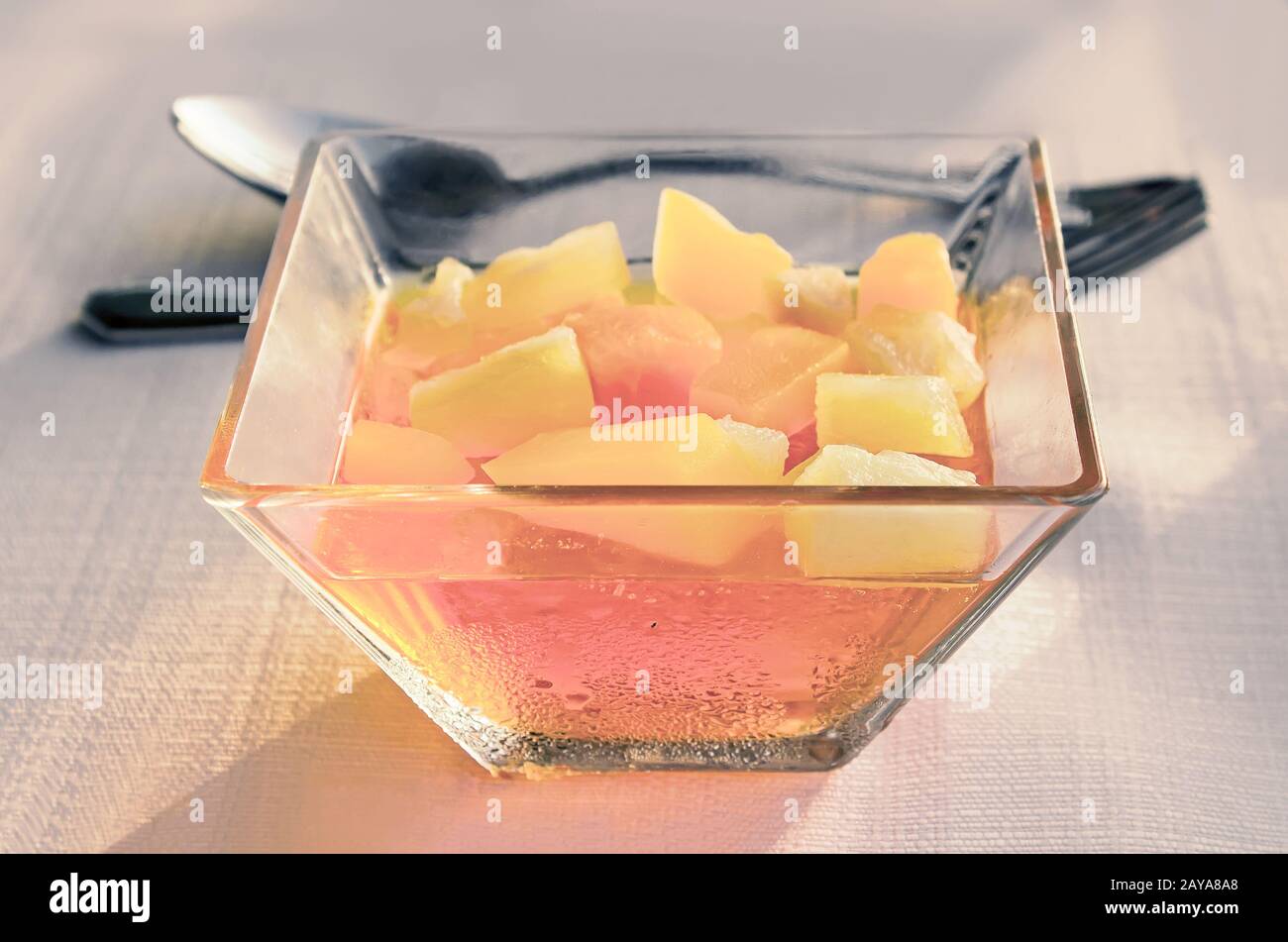 Dessert: fruit pieces in a sugar syrup. Stock Photo