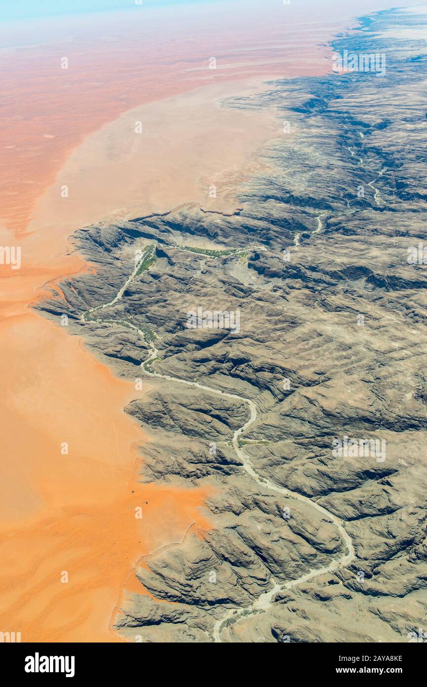 Aerial photo from the flight to Sossusvlei of the dry Kuiseb River in the Namib Desert near Walvis Bay in western-central Namibia. Stock Photo