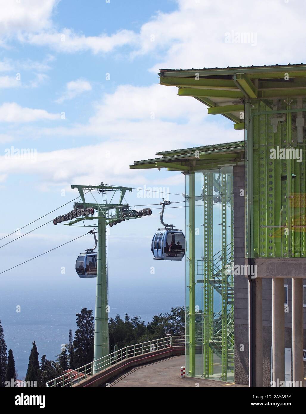 gondolas outside the overhead cable car station in monte running from funchal in madeira Stock Photo