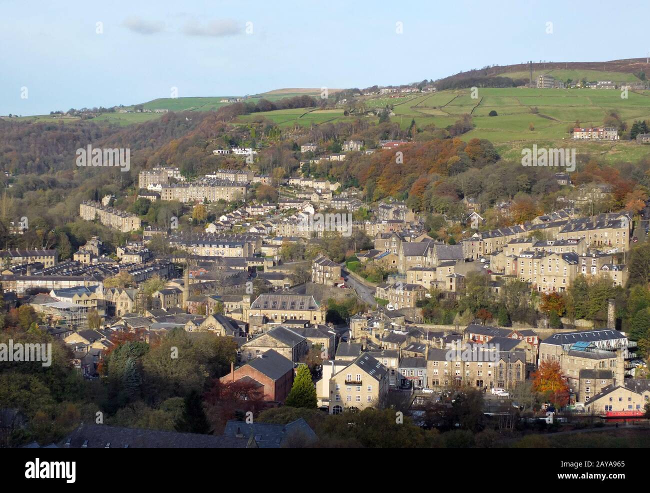 panoramic aerial view of the town of hebden bridge in west yorkshire showing the streets houses and old mill buildings set in th Stock Photo