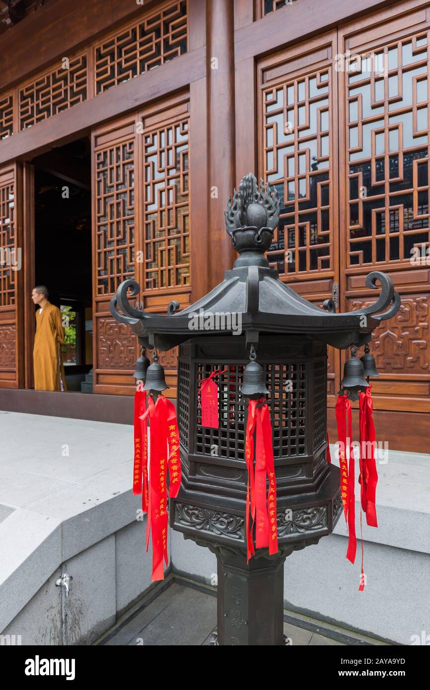 Shanghai, China - May 22, 2018: Monk in Jade Buddha Temple in Shanghai, China Stock Photo