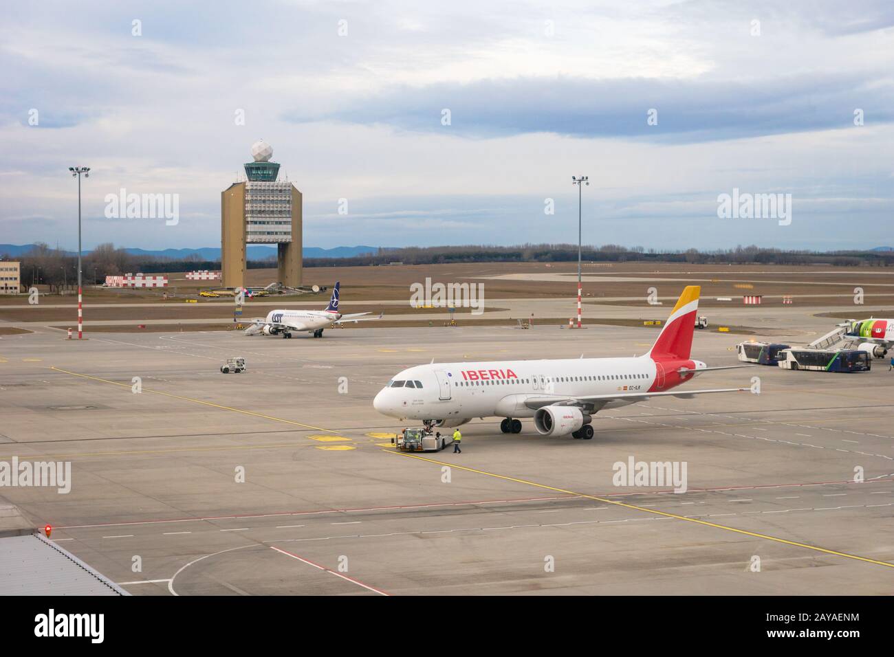 Budapest, Hungary - February 2020: Iberia Airlines aircraft on runway of Budapest Ferenc Liszt International Airport. Stock Photo