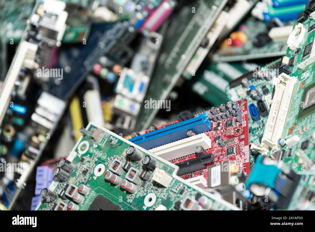 Motherboard collection of different types - closeup information technology Stock Photo
