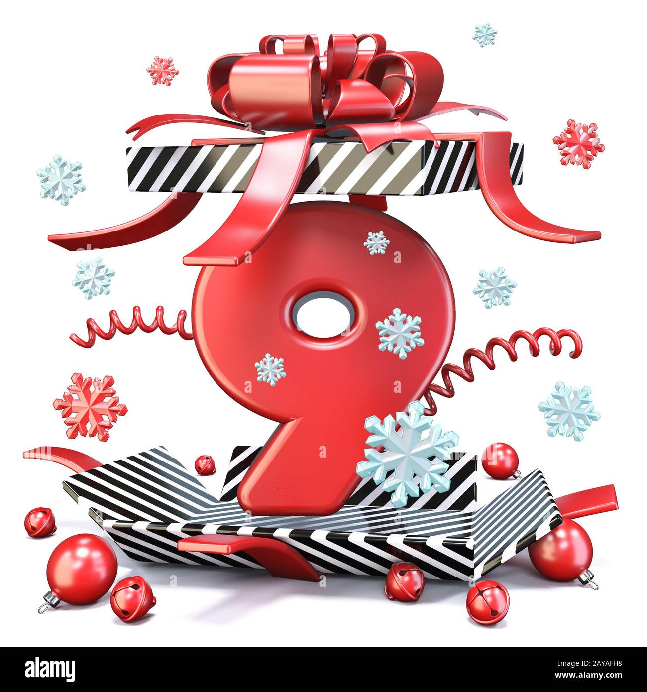 Red number NINE 9 inside open gift box 3D Stock Photo