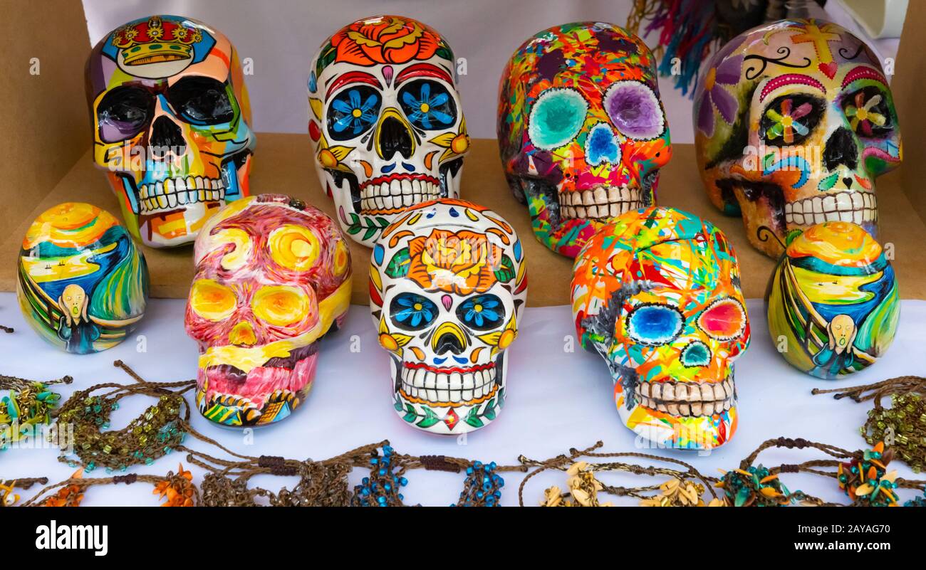 Bogota colorful ceramic skulls in mexican style Stock Photo