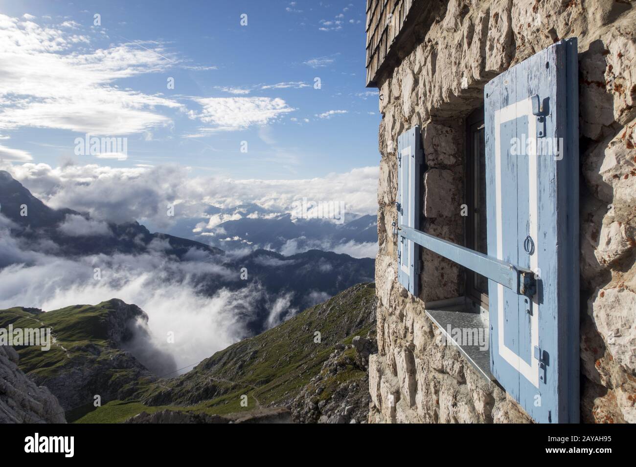 Windows of the Meiler-Hut in the Alps Stock Photo